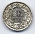 Швейцария---1/2 франка 1958г.